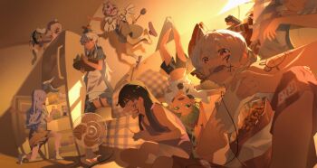 Rule 34 | 6+girls, absurdres, alternate costume, anger vein, angry, animal, animal ears, bag of chips, bird wings, black shorts, blue dress, blue hat, bow, camisole, chips (food), cirno, closed mouth, commentary request, controller, drawing on another's face, dress, drink carton, eel, electric fan, fish, food, fruit, fujiwara no mokou, fumo (doll), game controller, green eyes, green hair, grey hair, hair bow, hat, highres, holding, holding animal, holding controller, holding fish, holding game controller, holding ladle, holding tray, houraisan kaguya, inaba tewi, indoors, kamishirasawa keine, kinoko (kino2435006), ladle, lamprey, long hair, midriff, milk carton, multiple girls, mystia lorelei, navel, open mouth, pink camisole, pink dress, pink slippers, playing games, playing video games, puffy short sleeves, puffy sleeves, purple hair, rabbit ears, rabbit girl, red eyes, refrigerator, reisen udongein inaba, shirt, short sleeves, shorts, sitting, skirt, slippers, smile, socks, touhou, translation request, tray, two-tone dress, very long hair, watermelon, watermelon slice, white shirt, white skirt, white socks, wings, wriggle nightbug, yagokoro eirin