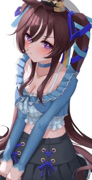 1girl animal_ears black_skirt blue_choker blue_shirt blush breasts brown_hair casual choker cleavage closed_mouth commentary_request ear_covers hair_between_eyes hat heart heart_necklace highres horse_ears horse_girl horse_tail jewelry large_breasts long_hair long_sleeves looking_at_viewer midriff mole mole_under_eye multicolored_hair navel necklace purple_eyes shirt simple_background single_ear_cover skirt tail takmi twintails umamusume vivlos_(casual)_(umamusume) vivlos_(umamusume) white_background white_hat