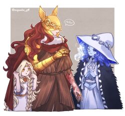 Rule 34 | 1boy, 2girls, amputee, armor, blue skin, brother and sister, cape, cloak, colored skin, covered eyes, cracked skin, dress, elden ring, extra arms, extra faces, fur cloak, gold armor, helmet, helmet over eyes, highres, large hat, malenia blade of miquella, mechanical arms, miqueliafantasia, miquella (elden ring), multiple girls, prosthesis, prosthetic arm, ranni the witch, red cape, siblings, single mechanical arm, smile, trap, winged helmet