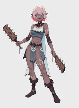 1girl :d abs absurdres arm_markings arm_tattoo armpit_crease arms_at_sides bare_shoulders belt belt_around_waist wallet_chain blue_cape blue_eyes blue_shirt body_markings bodypaint boots breasts brown_belt brown_collar brown_sleeves brown_trim cape chevron_(symbol) club club_(weapon) collar commentary contrapposto crop_top dark-skinned_female dark_skin dot_nose double-parted_bangs dual_wielding earrings elbow_sleeve english_commentary eyebrows_hidden_by_hair facepaint facial_mark facial_tattoo fangs full_body fur_boots gold_earrings gold_trim grin groin hair_intakes half-closed_eyes high_collar highres holding holding_club holding_paddle holding_weapon invisible_floor jewelry leg_tattoo legs_apart loincloth long_eyelashes long_legs looking_to_the_side medium_breasts midriff multiple_earrings open_mouth original paddle pelvic_curtain pink_hair pointy_ears raised_eyebrows shirt short_hair shoulder_tattoo sidelocks simple_background sleeveless sleeveless_shirt smile solo spiked_club standing tassel tattoo teeth thick_eyelashes thighs toned toned_female triangle_print tribal tribal_tattoo turtleneck two-tone_shirt upper_teeth_only usekh_collar vertigris weapon white_background white_shirt