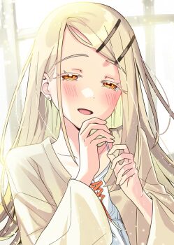 1girl backlighting blonde_hair blush camisole colored_eyelashes commentary_request earrings gakuen_idolmaster gradient_hair grey_hair grey_robe hair_ornament hairclip half-closed_eyes hands_up happy highres idolmaster jewelry long_hair long_sleeves looking_at_viewer multicolored_hair open_clothes open_mouth open_robe orange_eyes orange_ribbon parallel_hairclips parted_bangs ribbon robe shinosawa_hiro smile solo stud_earrings sumomo_otome tearing_up upper_body white_camisole wide_sleeves window