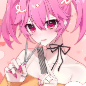 1girl angel artliel ashliel_ailove black_choker breasts choker comb commentary cupid english_commentary eyeshadow facial_mark fingernails gold_headband gradient_eyes heart heart-shaped_mole heart-shaped_pupils heart_facial_mark holding holding_scissors large_breasts light_blush long_fingernails looking_at_viewer makeup mole mole_under_mouth multicolored_eyes pink_hair pink_nails ribbon_choker scissors shiqila short_twintails solo symbol-shaped_pupils twintails vir2alverse virtual_youtuber