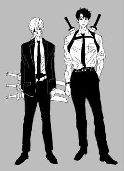 1boy 1girl black_necktie business_suit chainsaw_man eyepatch formal_clothes highres kishibe_(chainsaw_man) monochrome necktie pizza202020 quanxi_(chainsaw_man) shirt_tucked_in suit sword weapon weapon_on_back