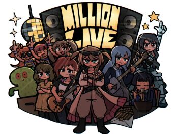 6+girls arm_up baba_konomi black_boots black_hair blue_eyes blue_hair boots braid brown_hair chopsticks chupacabra_(idolmaster) closed_eyes coat commentary crossed_arms disco_ball eating electric_guitar eyewear_on_head fis_(t83192933) food gibson_les_paul green_eyes grey_pants guitar hakozaki_serika highres holding holding_chopsticks holding_guitar holding_instrument idolmaster idolmaster_million_live! idolmaster_million_live!_theater_days index_finger_raised instrument julia_(idolmaster) long_hair looking_at_viewer mogami_shizuka multiple_girls nonohara_akane noodles official_alternate_costume ogami_tamaki one_side_up open_clothes open_coat pants red_eyes red_hair shiraishi_tsumugi shiraishi_tsumugi_(private_dress) short_hair single_braid sparkle speaker standing star_(symbol) sunglasses suou_momoko takayama_sayoko twintails two_side_up udon untranslatable_commentary white_background white_coat