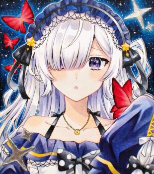 1girl :o absurdres akatsuki_nea black_ribbon blue_hairband bow bug butterfly commentary_request crescent crescent_necklace gothic_lolita hair_over_one_eye hair_ribbon hairband highres insect jewelry lolita_fashion lolita_hairband long_hair long_sleeves looking_at_viewer magical_girl mahou_shoujo_no_majo_saiban marker_(medium) natsume_an-an necklace one_side_up open_mouth polka_dot polka_dot_bow purple_eyes red_butterfly ribbon shikishi sleeves_past_fingers sleeves_past_wrists solo sparkle star_(symbol) traditional_media upper_body white_hair