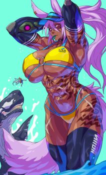 1boy 1girl abs absurdres adjusting_hair animal_ears arm_behind_head armpits arms_up bikini black_choker black_thighhighs blue_background body_markings breasts choker cleavage collarbone commentary_request covered_erect_nipples cowboy_shot curvy dantera_rina dark-skinned_female dark_skin denim denim_shorts elbow_gloves float fox_ears fox_girl fox_tail gauntlets gloves glowing glowing_eyes hair_between_eyes hat highres huge_breasts hutago in_mouth large_breasts long_hair looking_at_viewer midriff muscular muscular_female navel navel_piercing nose original partially_submerged piercing pink_eyes pink_hair ponytail purple_hair scar scar_across_eye scar_on_face shiny_clothes shiny_skin shorts sidelocks simple_background skin_tight skindentation solo_focus sperm_whale standing stomach swimsuit tail tattoo thick_thighs thighhighs thighs underboob wading walking water wet whale whale_tail_(clothing) white_hair wide_hips yellow_bikini