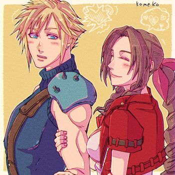 1boy 1girl aerith_gainsborough armor artist_name blonde_hair blue_eyes blue_shirt blush braid braided_ponytail breasts brown_hair closed_eyes closed_mouth cloud_strife cropped_jacket dress earrings final_fantasy final_fantasy_vii final_fantasy_vii_remake hair_ribbon hetero highres holding_another&#039;s_arm jacket jewelry komeko_(strikek-lvvjm27) light_smile long_hair medium_breasts muscular muscular_male parted_bangs parted_lips pauldrons pink_dress pink_ribbon red_jacket ribbon shirt short_hair short_sleeves shoulder_armor sidelocks single_braid single_earring single_pauldron sleeveless sleeveless_turtleneck spiked_hair suspenders turtleneck yellow_background