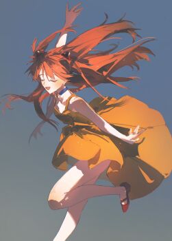 Rule 34 | 1girl, bare arms, bare legs, bare shoulders, blue background, blue choker, choker, closed eyes, dress, eliza 804, facing to the side, facing viewer, floating clothes, floating hair, gradient background, grey background, hair between eyes, hair ornament, highres, interface headset (evangelion), leg up, legs, long hair, mary janes, neon genesis evangelion, orange hair, outstretched arms, parted bangs, parted lips, red shoes, shoes, short dress, sleeveless, sleeveless dress, smile, solo, souryuu asuka langley, thighs, very long hair, yellow dress