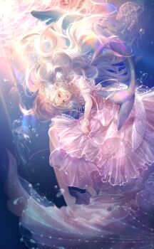 1girl air_bubble artist_request bare_legs barefoot bubble circlet dappled_sunlight detached_sleeves dolphin dorea_(shining_nikki) dress fish floating floating_clothes floating_hair frilled_dress frilled_hairband frilled_sleeves frills full_body game_cg grey_hair hair_ornament hairband highres jellyfish leaning_forward light_particles long_hair looking_at_viewer medium_dress nikki_(series) official_art open_mouth pink_dress shell shell_hair_ornament shining_nikki smile solo sound_of_the_tide_(shining_nikki) strapless strapless_dress sunlight sunset train_(clothing) underwater very_long_hair white_hairband white_sleeves white_wrist_cuffs wrist_cuffs yellow_eyes