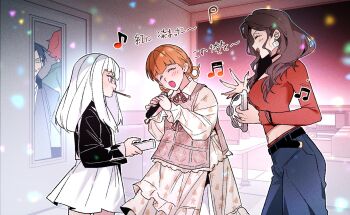 2boys 3girls alternate_costume annette_fantine_dominic belt black_belt black_hair black_jacket blue_pants blush breasts brown_hair cdgm000 closed_eyes commentary_request contemporary denim dorothea_arnault dress felix_hugo_fraldarius fire_emblem fire_emblem:_three_houses food food_in_mouth frown highres indoors jacket karaoke korean_commentary long_hair looking_at_another lysithea_von_ordelia medium_breasts midriff multiple_boys multiple_girls music musical_note navel nintendo orange_hair pants pink_eyes pocky pocky_in_mouth red_shirt shirt singing smile sweatdrop sylvain_jose_gautier translation_request white_hair