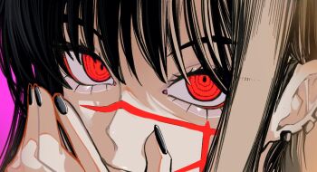 1girl aegyo_sal black_hair black_nails chainsaw_man close-up cross_scar ear_piercing facial_scar long_hair looking_at_viewer piercing pink_background red_eyes ringed_eyes sailen0 scar scar_on_cheek scar_on_face simple_background solo yoru_(chainsaw_man)