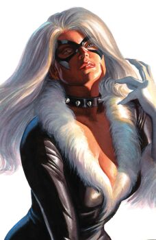 1girl absurdres alex_ross black_bodysuit black_cat_(marvel) black_collar blue_eyes bodysuit breasts cleavage collar comic_cover cover cover_page domino_mask eye_mask felicia_hardy fingernails fur-trimmed_bodysuit gloves highres long_hair looking_at_viewer marvel mask official_art parted_lips realistic sharp_fingernails solo spider-man_(series) spiked_collar spikes upper_body western_comics_(style) white_background white_gloves white_hair