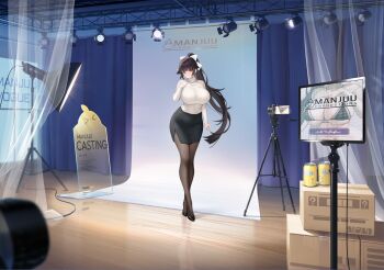 >_< 1girl absurdres animal_ears artist_request azur_lane black_bra black_hair black_panties black_pantyhose black_shoes black_skirt blush bow box bra breasts cable camera can cardboard_box cleavage closed_mouth clothes_lift crossed_legs curtains curvy drink_can english_text floating_hair full_body grey_sweater hair_bow hair_ribbon hand_up high_ponytail highres huge_breasts indoors jewelry lace lace_panties large_breasts long_hair long_sleeves looking_at_viewer manjuu_(azur_lane) monitor multiple_views necklace non-web_source office_lady official_alternate_costume official_art panties pantyhose pencil_skirt ponytail ribbed_sweater ribbon shirt shoes side_slit skirt solo stage stage_lights standing sweater sweater_lift takao_(azur_lane) takao_(inner_cultivation)_(azur_lane) taut_clothes thick_thighs thighs turtleneck turtleneck_sweater underwear very_long_hair video_camera watson_cross white_bow white_ribbon white_sweater wide_hips wooden_floor