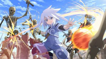 Rule 34 | 1boy, artist request, black sleeves, blue boots, blue eyes, blue jacket, blue sky, boots, closed mouth, cloud, commentary, day, english commentary, game cg, genius sage, highres, holding, holding weapon, jacket, kendama, looking at viewer, magic, medium hair, official art, outdoors, ruins, skeleton, sky, smile, solo, spiked hair, tales of (series), tales of crestoria, tales of symphonia, third-party source, undead, weapon, white hair, white trim