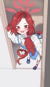 Rule 34 | 1girl, alternate costume, alternate hairstyle, apron, blue apron, blue archive, blue sandals, blush, colored skin, commentary request, dragon girl, dragon horns, dragon tail, fang, forehead, hair over shoulder, halo, highres, horns, korean commentary, leaning forward, looking at viewer, miyeogjell12750, multicolored skin, open mouth, red eyes, red hair, red halo, red skin, renge (blue archive), sandals, shirt, single horn, solo, tail, wet, wet clothes, wet shirt, white shirt