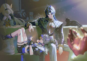 1boy 3girls absurdres arm_rest bandaid bandaid_on_leg black_cat black_gloves black_hair black_hairband black_jacket black_shorts blade_(honkai:_star_rail) blowing_bubble_gum cat chewing_gum chinese_clothes commentary_request couch drill_hair drill_ponytail elbow_rest elio_(honkai:_star_rail) eyewear_on_head firefly_(honkai:_star_rail) fur-trimmed_jacket fur_trim gloves grey_eyes grey_hair hair_ribbon hairband handheld_game_console highres holding holding_handheld_game_console honkai:_star_rail honkai_(series) indoors jacket kafka_(honkai:_star_rail) lap_pillow legs_up long_hair long_sleeves looking_at_another lying multiple_girls on_couch pants playing_games pov pov_hands purple-tinted_eyewear purple_gloves red_eyes ribbon shorts silver_wolf_(honkai:_star_rail) sitting stellaron_hunters_(honkai:_star_rail) thigh_strap tinted_eyewear um4yd