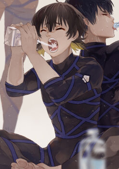 3boys ass bachira_meguru black_hair blonde_hair blue_lock blue_lock_bodysuit bottle commentary_request highres holding holding_milk_carton isagi_yoichi milk_carton multicolored_hair multiple_boys open_mouth sexually_suggestive short_hair sitting standing sweat teeth tongue two-tone_hair water_bottle zilaihuoye