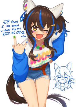 2girls 67_(meme) ;d \m/ ^_^ absurdres animal_ears artist_name belt blue_hair blue_nails blue_shorts blue_sleeves brown_belt brown_hair closed_eyes clothes_writing commentary cowboy_shot daitaku_helios_(casual)_(umamusume) daitaku_helios_(umamusume) denim denim_shorts double-parted_bangs ear_covers english_text fang green_nails hair_between_eyes hair_ornament hairpin highres horse_ears horse_girl horse_tail long_hair long_sleeves looking_at_viewer mejiro_palmer_(line_breakthrough)_(umamusume) mejiro_palmer_(umamusume) meme multicolored_nails multiple_girls one_eye_closed open_mouth puffy_long_sleeves puffy_sleeves shirt shorts sidelocks simple_background smile star_(symbol) tail torn_clothes torn_shorts umamusume white_background white_shirt yellow_eyes yoako zoomer_slang