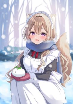 Rule 34 | 1girl, :d, animal ear fluff, animal ears, apron, black dress, blue scarf, blush, bow, bowtie, brown hair, commentary request, double-parted bangs, dress, feet out of frame, fio (hamico), frilled apron, frills, hair between eyes, hamico, highres, juliet sleeves, long hair, long sleeves, looking at viewer, maid, maid headdress, mittens, open mouth, original, puffy sleeves, purple eyes, red bow, red bowtie, red mittens, scarf, smile, solo, tail, twitter username, white apron, wolf ears, wolf girl, wolf tail