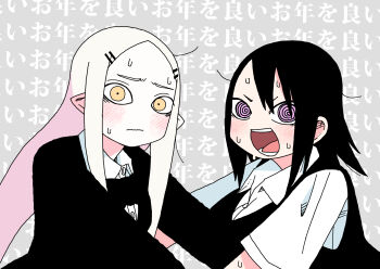 2girls abe_tomomi black_hair black_ribbon blonde_hair blush grey_background highres long_hair medium_hair multiple_girls neck_ribbon open_mouth original pointy_ears ribbon school_uniform text_background