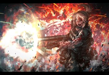 1girl bandolier belt black_gloves bleeding blood_from_forehead blonde_hair blood blood_on_arm blood_on_face blue_eyes bulletproof_vest determined dust_cloud embers explosion fire firing gloves goddess_of_victory:_nikke gun headphones heterochromia hetza_(hellshock) holding holding_gun holding_weapon letterboxed long_hair muscular muscular_female open_mouth pinne_(nikke) ponytail product_23_(nikke) red_eyes shell_casing shirt solo tactical_clothes torn_clothes torn_shirt v-shaped_eyebrows weapon
