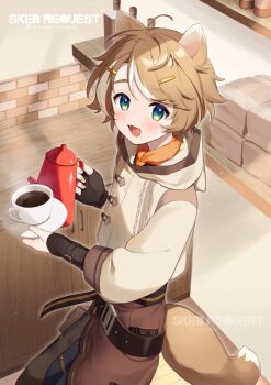 1boy :d ahoge animal_ears apron black_pants brown_apron brown_hair coffee coffee_pot commentary commission cup fangs green_eyes hair_ornament hairclip holding holding_saucer hood hood_down hooded_jacket indoors jacket looking_at_viewer male_focus multicolored_hair open_mouth original pants saucer skeb_commission smile solo streaked_hair swept_bangs tail thick_eyebrows white_hair white_jacket yamabukiiro