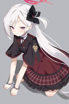 1girl absurdres black_flower black_jacket blue_archive blush cuffs d_(delt4) flower frilled_skirt frills grey_background grey_hair hair_flower hair_ornament halo handcuffs highres jacket kneehighs long_hair looking_at_viewer mutsuki_(blue_archive) pink_halo plaid_clothes plaid_skirt pointy_ears purple_eyes red_ribbon red_skirt ribbon school_uniform shirt short_sleeves side_ponytail simple_background skirt smile socks solo very_long_hair white_shirt wide_sleeves