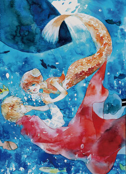 1boy 1girl andersen&#039;s_fairy_tales aqua_eyes asphyxiation blonde_hair boat bubble cape chinese_clothes closed_eyes commentary_request crown drowning fins fish fish_tail from_side gintama hair_ornament hand_on_another&#039;s_cheek hand_on_another&#039;s_face holding_another&#039;s_wrist kagura_(gintama) light_rays mermaid moekon monster_girl monsterification okita_sougo orange_hair orange_scales orange_shirt painting_(medium) pearl_hair_ornament red_cape seashell shell shell_hair_ornament shirt short_hair shouting sunbeam sunlight swimming tail the_little_mermaid_(andersen) traditional_media underwater watercolor_(medium) watercraft white_shirt worried yellow_trim