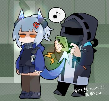 Rule 34 | 1girl, 1other, annoyed, arknights, black thighhighs, blue jacket, doctor (arknights), full body, highres, holding, holding phone, hood, horns, id card, jacket, kdmr0402, liskarm (arknights), long sleeves, mundane utility, musical note, phone, pleated skirt, silver hair, skirt, tail, thighhighs