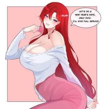 1girl arm_behind_back blue_eyes breasts cleavage condom condom_wrapper english_text grin hand_up highres holding holding_condom large_breasts lianvvf long_hair looking_at_viewer mole mole_under_eye original red_hair simple_background smile solo speech_bubble very_long_hair