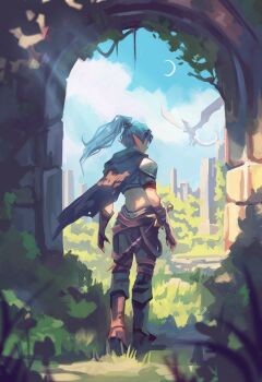 1girl arch armor arms_at_sides belt black_boots black_cape black_gloves black_pants blue_hair blue_sky blurry boots brown_belt bush cape cloud crescent_moon crop_top day depth_of_field dragon elbow_gloves elf facing_away fantasy fingerless_gloves from_behind full_body gloves grass long_hair loose_belt midriff moon moss original outdoors pants plant pointy_ears ponytail scabbard sheath sheathed short_sleeves shoulder_armor sky solo standing sword useless_elf vines walking weapon