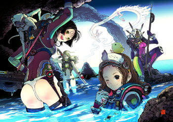 4girls ass bad_id bad_pixiv_id bikini black_eyes black_hair blonde_hair brown_hair dragon green_eyes gun knife long_hair monkey multiple_girls nagasawa_shin one_eye_closed original panties red_eyes short_hair smile swimsuit thigh_strap thighhighs thong underwear water weapon wink