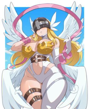 1girl angewomon bare_shoulders blonde_hair blue_background boobplate border breastplate breasts cleavage clothing_cutout commentary covered_eyes cowboy_shot digimon digimon_(creature) feathered_wings feathers helmet helmet_over_eyes highres large_breasts long_hair navel simple_background single_leg_bodysuit solo stomach_cutout strapless_bodysuit vizaz white_border white_feathers white_wings wings