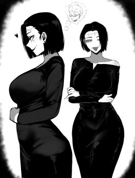 1girl absurdres black_dress blush bob_cut breasts dress from_side glasses highres image_in_thought_bubble itadori_jin itadori_kaori jujutsu_kaisen kenjaku large_breasts masoq mature_female monochrome scar scar_on_face scar_on_forehead short_hair smile solo speech_bubble thinking thought_bubble tongue tongue_out wide_hips