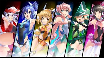 6+girls :d akatsuki_kirika armpits ass bike_shorts black_hair blonde_hair blue_eyes blue_hair blue_leotard blunt_bangs breasts breasts_apart brown_eyes cleavage floating_hair green_eyes green_leotard green_panties green_skirt hair_between_eyes headphones high_ponytail highleg highleg_leotard highres holding holding_polearm holding_weapon kazanari_tsubasa leotard long_hair maria_cadenzavna_eve medium_breasts midriff miniskirt multiple_girls navel nyanmaru open_mouth orange_shorts panties pink_hair pink_skirt pleated_skirt polearm ponytail purple_eyes red_leotard senki_zesshou_symphogear short_shorts shorts side_ponytail sideboob silver_hair skirt small_breasts smile split_screen stomach striped_clothes striped_panties tachibana_hibiki_(symphogear) thighhighs tsukuyomi_shirabe twintails underwear very_long_hair weapon white_legwear yellow_eyes yukine_chris