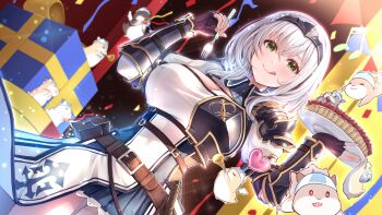 1girl absurdres black_gloves breasts cleavage commentary_request dan&#039;in-san_(shirogane_noel) dress fingerless_gloves fork gift gloves green_eyes grey_hair highres holding holding_fork holding_plate hololive kamishiro_mai_(capti-no) large_breasts looking_at_viewer medium_hair plate shirogane_noel shirogane_noel_(1st_costume) smile solo tongue tongue_out virtual_youtuber white_dress