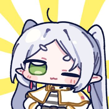 1girl ;3 blush_stickers capelet chibi chibi_only closed_mouth earrings elf frieren green_eyes grey_hair jewelry long_hair long_sleeves looking_at_viewer loose_hair_strans miratsu_(miratsu169) one_eye_closed parted_bangs pointy_ears shirt sidelocks solo sousou_no_frieren striped_clothes striped_shirt sunburst sunburst_background teardrop_earrings thick_eyebrows twintails upper_body white_capelet white_shirt