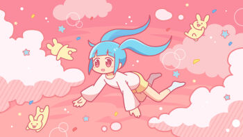 1girl animal ankle_socks arched_bangs blue_hair chibi chibi_only cloud commentary_request crew_neck floating_hair full_body highres long_hair long_sleeves midair no_nose open_mouth original outdoors pink_eyes pink_sky rabbit shirt short_shorts shorts sky socks solo suzuki_arisa_(arisa0456) twintails white_shirt white_socks yellow_shorts