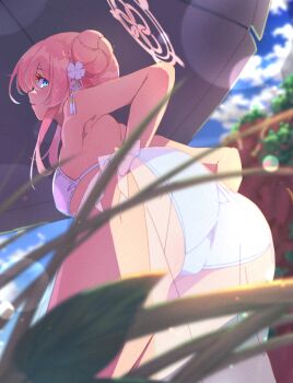 Rule 34 | 1girl, absurdres, ass, bare shoulders, bikini, blue archive, blue eyes, blush, braid, braided bun, breasts, commentary request, flower, hair bun, hair flower, hair ornament, halo, highres, leaning forward, long hair, looking at viewer, looking back, matsumoto yutaka, medium breasts, mimori (blue archive), mimori (swimsuit) (blue archive), parted lips, pink hair, pink halo, sarong, see-through clothes, see-through sarong, single side bun, solo, swimsuit, thighs, white bikini, white sarong
