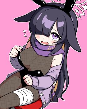 Rule 34 | 1girl, animal ears, bandaged leg, bandages, black leotard, blue archive, blush, bodystocking, breasts, cardigan, cleavage, ears down, fake animal ears, feet out of frame, fishnet bodystocking, fishnets, flying sweatdrops, hair over one eye, halo, highres, jacket, jorang (jorang08), leotard, looking at viewer, medium breasts, off shoulder, open mouth, outline, pink background, playboy bunny, purple eyes, rabbit ears, scarf, sitting, sleeves past wrists, solo, sweatdrop, tsukuyo (blue archive), white outline