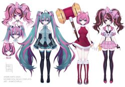 1girl 2025 aegyo_sal ahoge amy_rose amy_rose_(cosplay) animal_ears aqua_eyes aqua_hair aqua_nails aqua_necktie aqua_trim arm_at_side arms_at_sides artist_name bare_arms bare_shoulders black_boots black_bra black_choker black_gloves black_skirt black_sleeves black_thighhighs bob_cut boots bow bra breasts brown_eyes brown_hair center-flap_bangs chain choker closed_mouth clothing_cutout collared_jacket collared_shirt commentary cosplay cropped_jacket curvy demon_horns detached_sleeves double-parted_bangs dress english_commentary eyelashes fingerless_gloves frilled_bow frilled_shirt frilled_shirt_collar frills full_body glove_cutout gloves green_eyes grey_shirt hair_between_eyes hair_bow hair_ornament hairband hammer hand_up hatsune_miku hatsune_miku_(cosplay) headphones heart heart_ahoge heart_cutout highres holding holding_hammer horns houndstooth ironmouse jacket kamochiru knee_boots kujikawa_rise kujikawa_rise_(cosplay) long_hair long_sleeves looking_at_viewer medium_breasts miniskirt multicolored_hair nail_polish navel necktie pale_skin persona persona_4:_dancing_all_night persona_dancing petticoat pink_bow pink_hair pink_horns pink_shoes pink_skirt pink_trim pleated_skirt red_boots red_dress red_hairband shirt shoes short-sleeved_jacket short_hair short_sleeves shoulder_tattoo simple_background single_fingerless_glove single_glove skirt sleeveless sleeveless_dress sleeveless_shirt sleeveless_turtleneck sleeves_past_wrists smile sonic_(series) standing straight-on streaked_hair suspender_skirt suspenders swept_bangs tattoo thigh_boots thighhighs tie_clip turtleneck turtleneck_dress twintails two-tone_bow two-tone_hair two-tone_skirt underwear very_long_hair virtual_youtuber vocaloid vshojo white_background white_bow white_gloves white_jacket white_skirt white_trim wide_hips zettai_ryouiki
