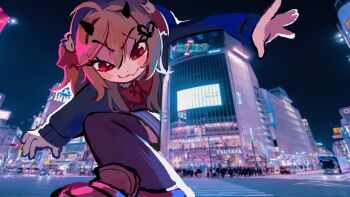 1girl :3 black_cardigan black_horns black_thighhighs bow bowtie broken_heart broken_heart_hair_ornament brown_hair brown_shoes cardigan closed_mouth commentary demon_horns english_commentary evil_neuro-sama giant giantess grey_skirt hair_between_eyes hair_ribbon heart highres horns long_hair long_sleeves neuro-sama pasharuu photo_background red_bow red_bowtie red_eyes red_ribbon ribbon shoes skirt solo thighhighs two_side_up vedal_ai very_long_hair virtual_youtuber