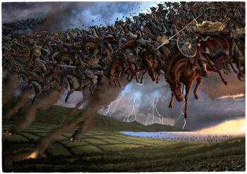 Rule 34 | 1boy, 6+girls, absurdres, armor, artist name, battle, black sun, blonde hair, blue eyes, braid, brunhilda (mythology), christian sloan hall, commentary, english commentary, field, fire, flying, graphite (medium), grey eyes, grey hair, helmet, highres, holding, holding polearm, holding weapon, horse, lightning, long hair, longship, multiple girls, norse, norse mythology, odin (mythology), pelt, people, polearm, riding, roman numeral, saddle, shield, spear, sun, traditional media, twin braids, valkyrie, viking, weapon