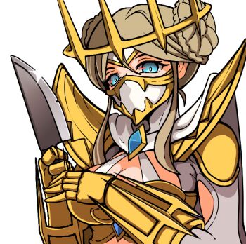 Rule 34 | 1girl, armor, blonde hair, blue eyes, blue gemstone, bodysuit, boobplate, braid, braided bun, breastplate, breasts, cape, cleavage, commentary, crown, dclaret, digimon, digimon (creature), double bun, english commentary, gauntlets, gem, glint, gold armor, gold crown, hair between eyes, hair bun, holding, holding knife, junomon, knife, large breasts, looking at viewer, mask, mouth mask, solo, sticker (medium), transparent background, upper body, white armor, white bodysuit, white cape, white mask, yandere