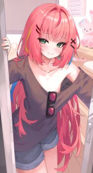 1girl absurdres blue_shorts blush choppy_bangs closed_mouth commentary cowboy_shot denim denim_shorts doorway eyewear_hang flat_chest green_eyes grey_shirt hair_intakes hair_ornament hairclip hanako_nana highres indoors long_hair looking_at_viewer multicolored_hair no_bra nokde off-shoulder_shirt off_shoulder parallel_hairclips peto_(hanako_nana) pink_hair shirt short_shorts shorts sketch smile solo standing stellive straight_hair streaked_hair stuffed_animal stuffed_rabbit stuffed_toy sunglasses unworn_eyewear very_long_hair virtual_youtuber x_hair_ornament