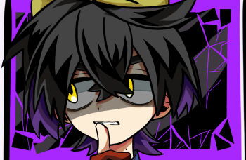 1boy angry biting biting_own_thumb black_hair clenched_teeth colored_inner_hair cracked_background crossed_bangs gloves hair_between_eyes hairband kieran_(pokemon) looking_to_the_side male_focus mole mole_on_neck multicolored_hair nail_biting nintendo partially_fingerless_gloves pokemon pokemon_sv purple_background purple_hair red_gloves shaded_face short_hair solo teeth thumb_to_mouth titara_1230 two-tone_hair yellow_eyes yellow_hairband