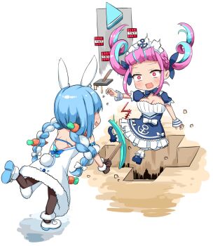 Rule 34 | 2girls, anchor symbol, animal ears, atahuta, black gloves, blue bow, blue bowtie, blue dress, blue footwear, blue hair, blue ribbon, bow, bowtie, braid, breasts, brown pantyhose, carrot hair ornament, coat, coat dress, colored inner hair, commentary request, dress, drill hair, explosive, falling, food-themed hair ornament, full body, fur-trimmed coat, fur-trimmed gloves, fur trim, gloves, hair ornament, hair ribbon, highres, holding, holding pickaxe, hololive, leaning forward, leg up, long hair, looking at another, maid headdress, medium breasts, minato aqua, minato aqua (1st costume), minecraft, minecraft pickaxe, multicolored hair, multiple girls, open mouth, pantyhose, pickaxe, pink eyes, pink hair, prank, rabbit ears, rabbit girl, rabbit tail, ribbon, short sleeves, smile, standing, standing on one leg, streaked hair, surprised, tail, tnt, tnt block (minecraft), twin braids, twin drills, twintails, two-tone hair, usada pekora, usada pekora (1st costume), virtual youtuber, white background, white coat, white footwear, white hair, white wrist cuffs, wide-eyed, wrist cuffs