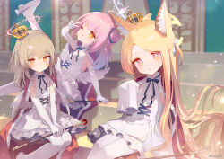 Rule 34 | 3girls, ;), ;p, aged down, ainy, alternate costume, alternate hairstyle, angel wings, animal ear fluff, animal ears, blonde hair, blue archive, blunt bangs, blurry, braid, cape, commentary request, crown, depth of field, detached sleeves, dress, feathered wings, fox ears, fox girl, french braid, frilled dress, frills, fur-trimmed cape, fur trim, hair between eyes, halo, holding, holding scepter, indoors, long hair, long sleeves, looking at viewer, mika (blue archive), mini crown, multiple girls, nagisa (blue archive), one eye closed, orange eyes, pantyhose, parted bangs, parted lips, pink hair, red cape, scepter, seia (blue archive), sidelocks, single braid, sitting, sitting on stairs, sleeves past fingers, sleeves past wrists, smile, stairs, tea party (blue archive), tongue, tongue out, v, white dress, white pantyhose, white wings, wide sleeves, wings