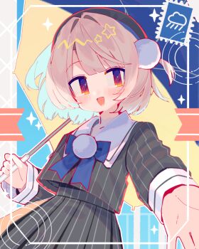 Rule 34 | 1girl, :d, aoi tsuyu, beret, black jacket, black skirt, blonde hair, blue bow, blue bowtie, blush, bow, bowtie, commentary request, cowboy shot, hair ornament, hat, holding, holding umbrella, jacket, long sleeves, looking at viewer, open mouth, outstretched arm, pinstripe jacket, pinstripe pattern, pinstripe skirt, pom pom (clothes), pom pom brooch, pom pom hair ornament, red eyes, red hat, short hair, side part, skirt, smile, solo, two side up, ui (voisona), umbrella, voisona