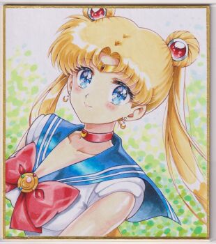 1girl bishoujo_senshi_sailor_moon blonde_hair blue_eyes blue_sailor_collar bow chikoto_(kztc4472) choker double_bun earrings hair_bun hair_ornament highres jewelry long_hair photo_(medium) red_bow red_choker sailor_collar sailor_moon sailor_senshi_uniform smile solo traditional_media tsukino_usagi twintails